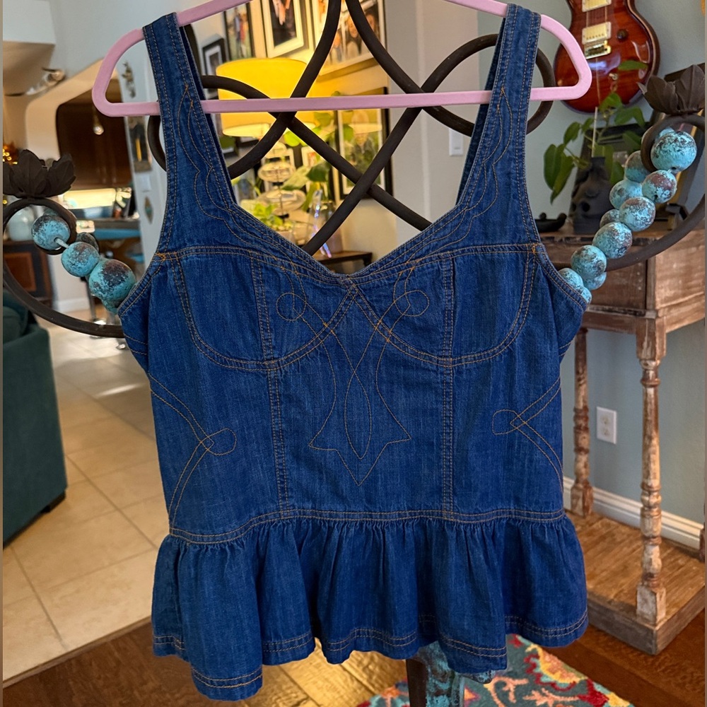 Anthropologie Embroidered Peplum Corset Denim Top - Picture 5 of 14
